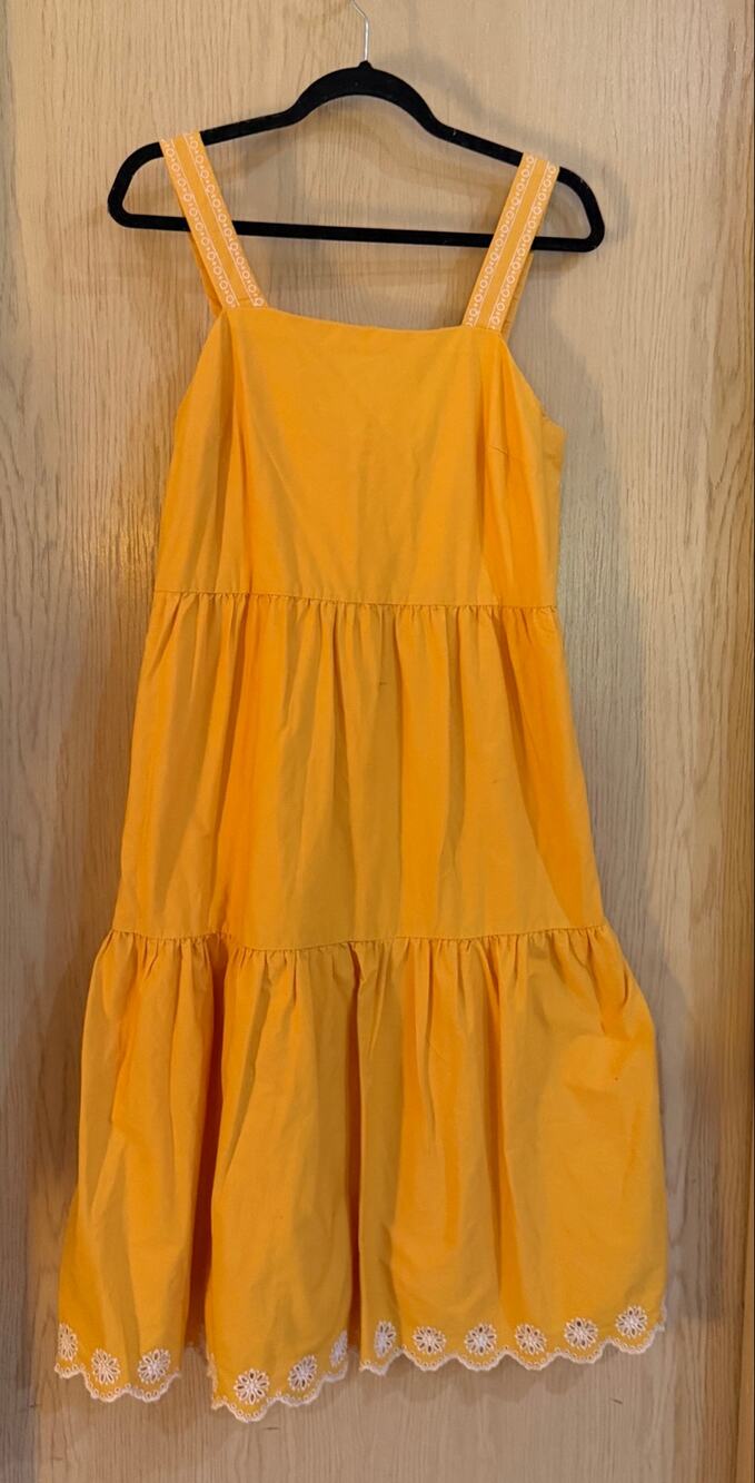 J.Crew Marigold Orange Tiered Midi Dress Embroidered Trim Size 6